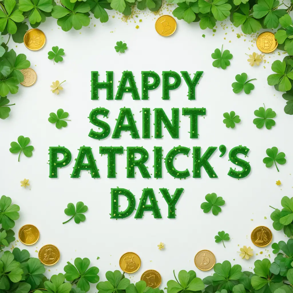 Texto de Feliz Día de San Patricio con tréboles y monedas de oro