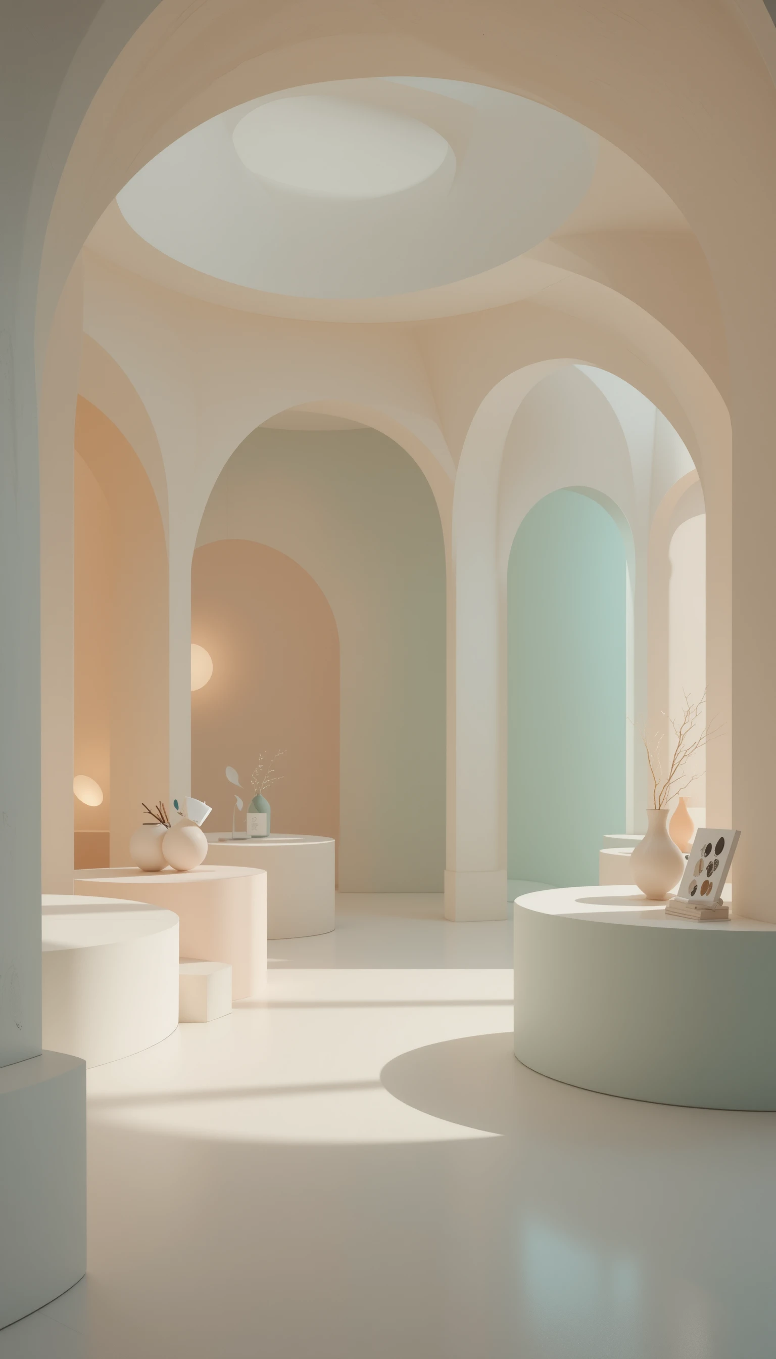 Serene pastel art gallery with soft sculptural forms