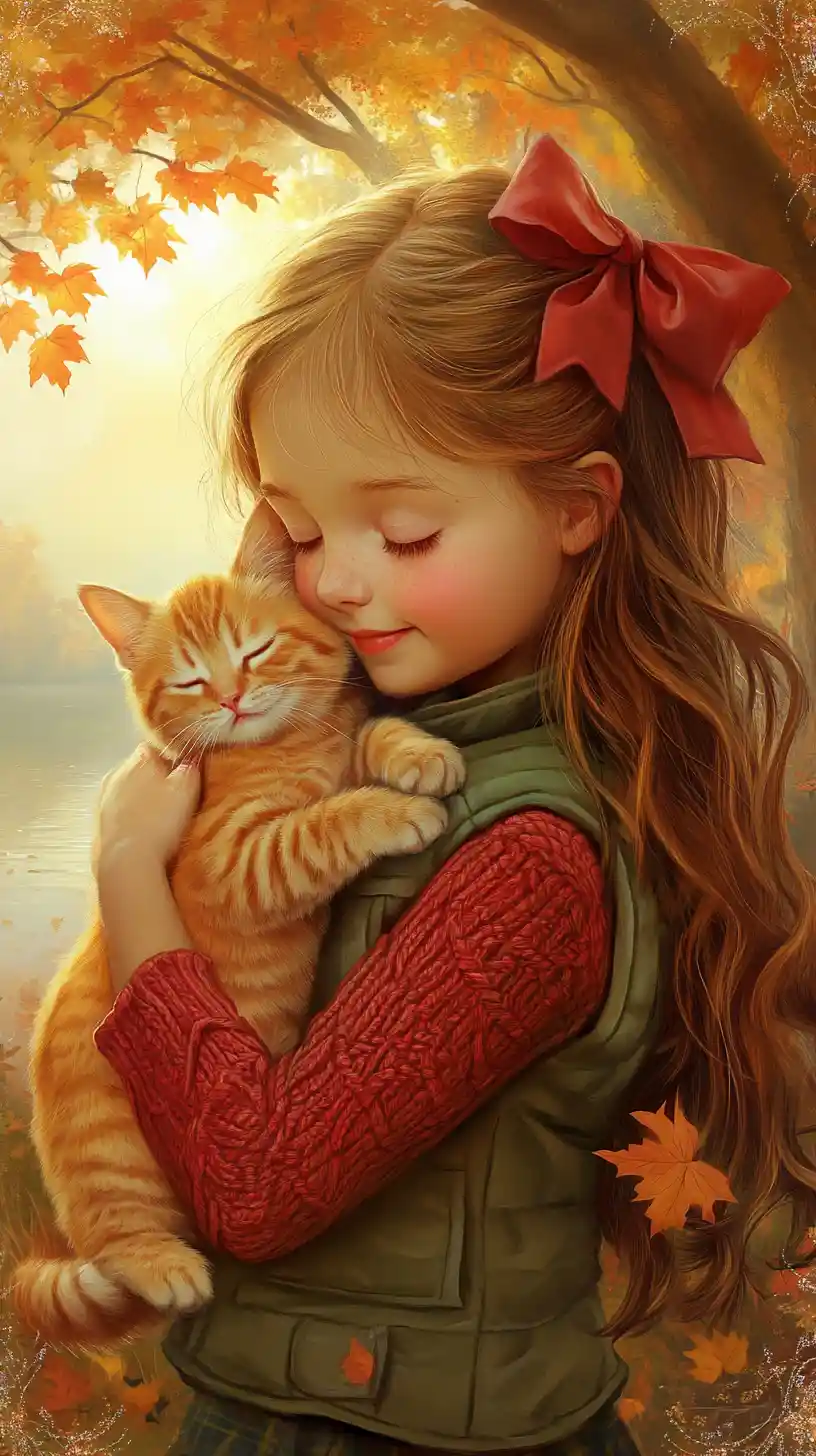 Girl hugging kitten in a warm autumn landscape at sunrise