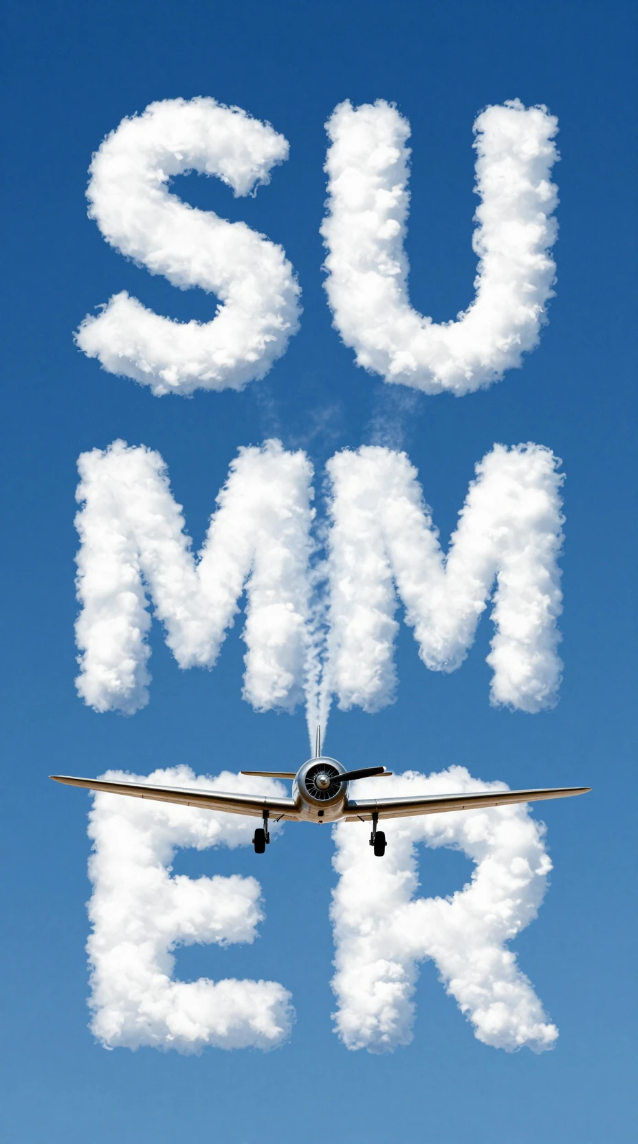 Nuvens de verão formando texto acima de um avião vintage com hélice