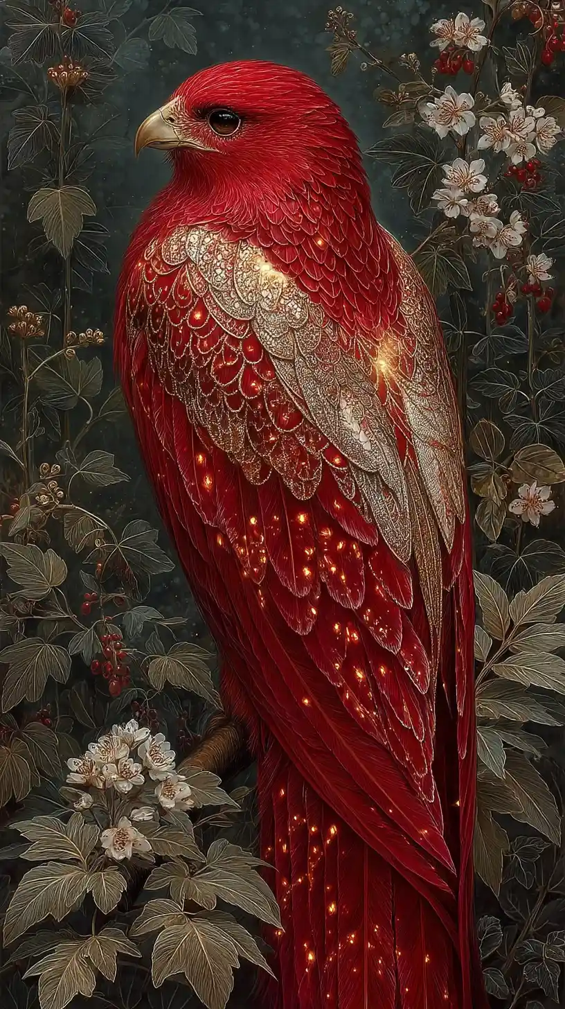 Fiery Russian firebird soaring in an enchanted forest