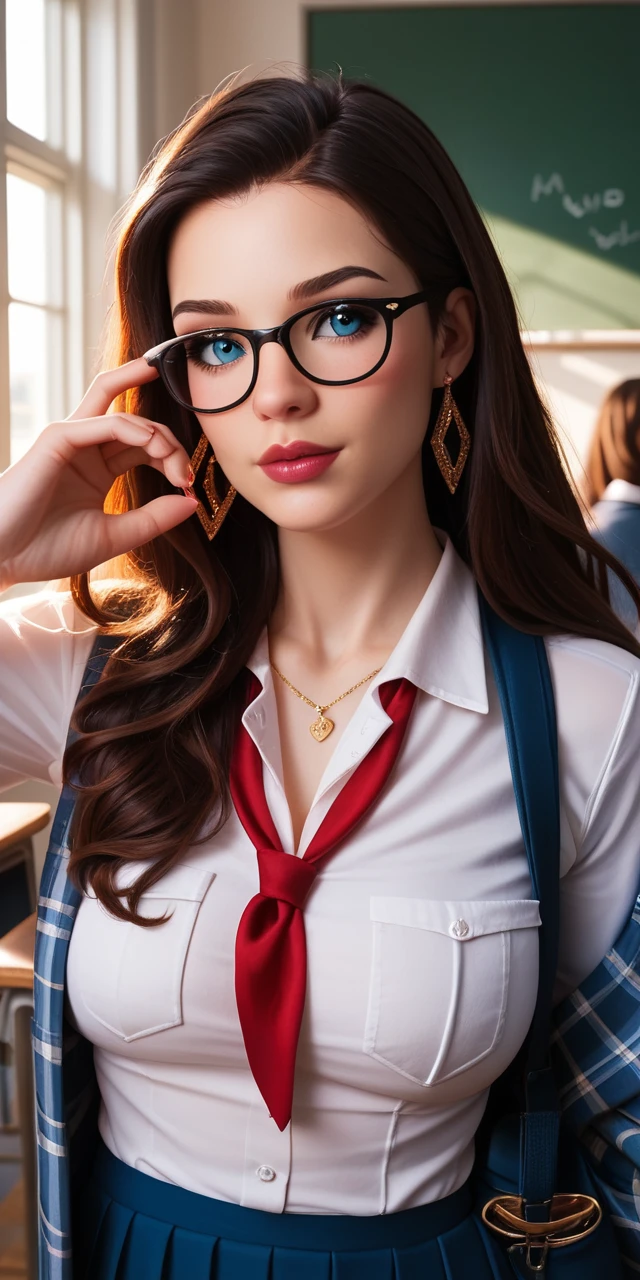 Brunette woman in plaid miniskirt in high school classroom