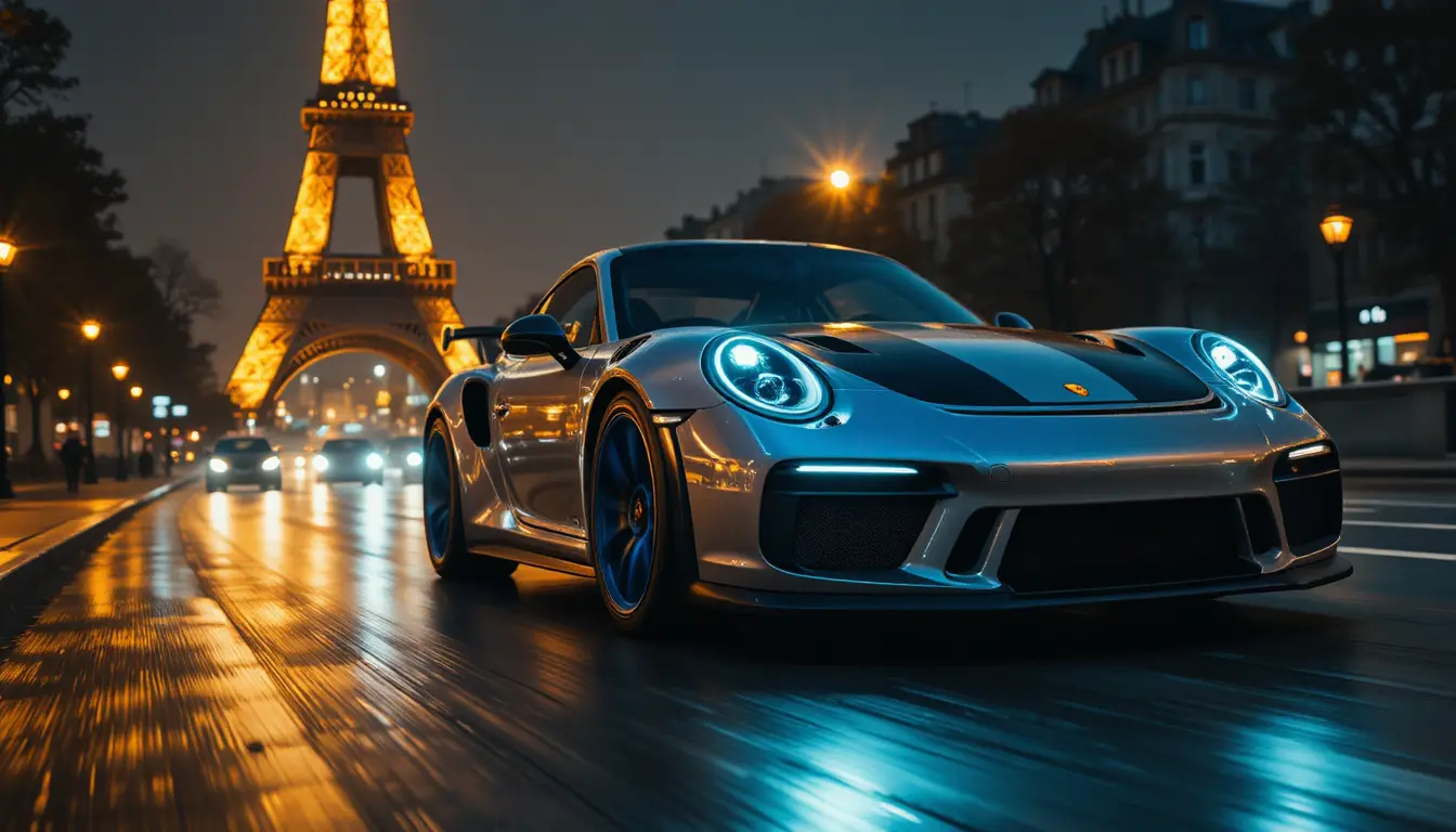 Carro esportivo prateado correndo por Paris à noite