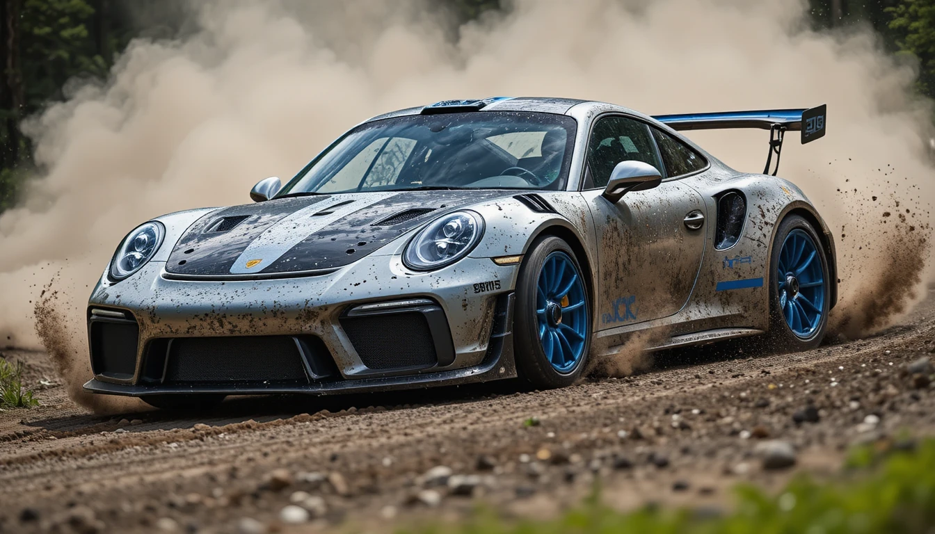 Auto sportiva Porsche da corsa in drift su una curva di ghiaia nel bosco
