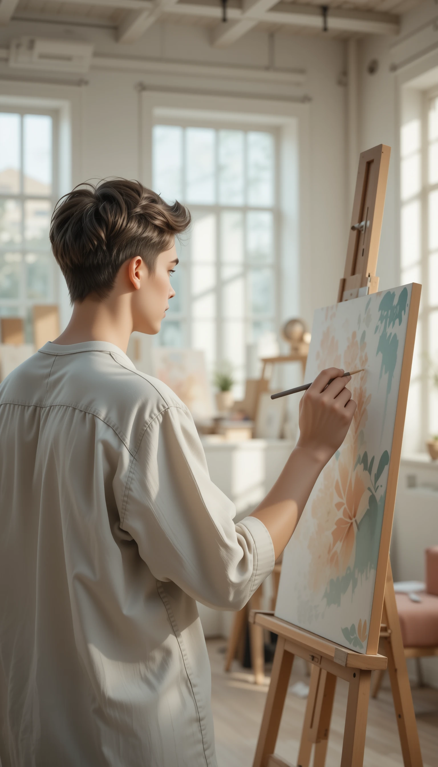 柔らかな自然光の中でイーゼルに向かって絵を描く若い男性