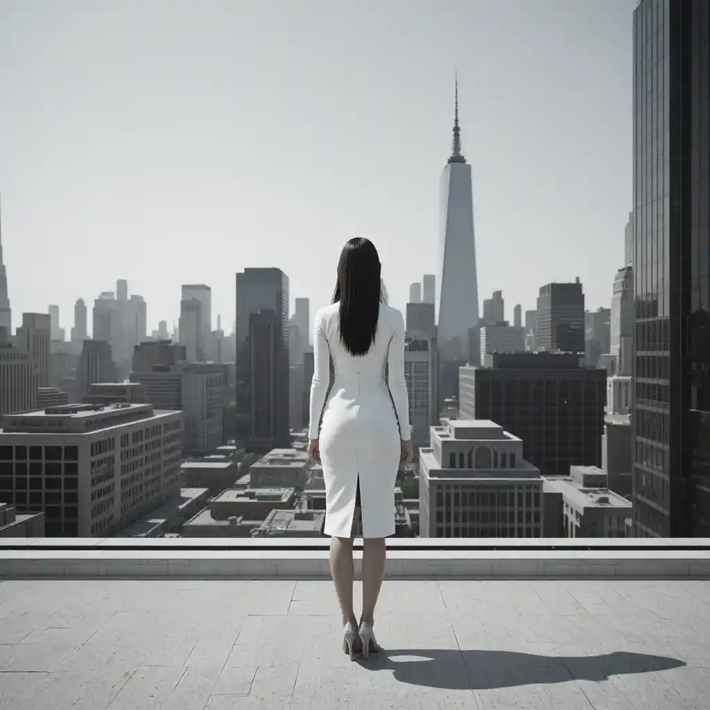 Woman in white dress on sunny city rooftop