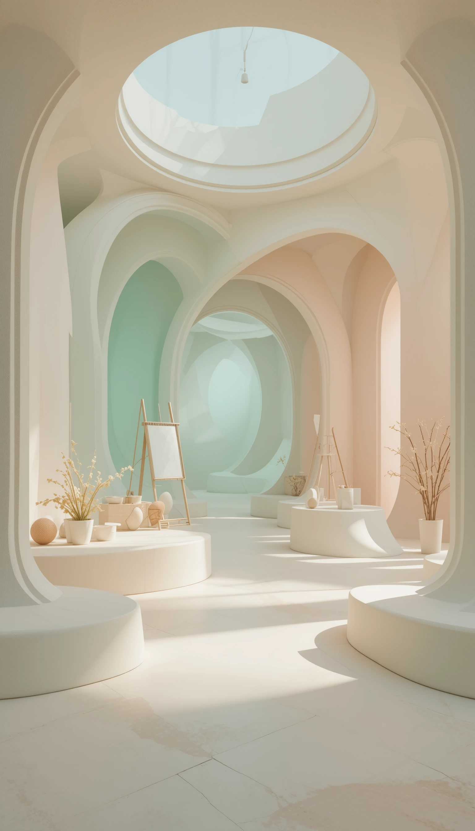 Galeria de arte minimalista serena com interiores esculturais suaves