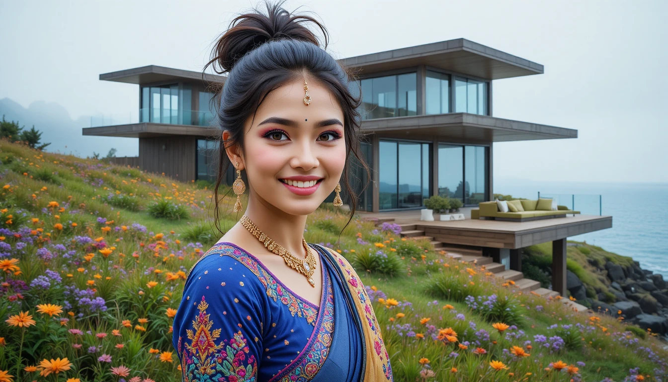 Joyful Indian girl in royal blue saree portrait