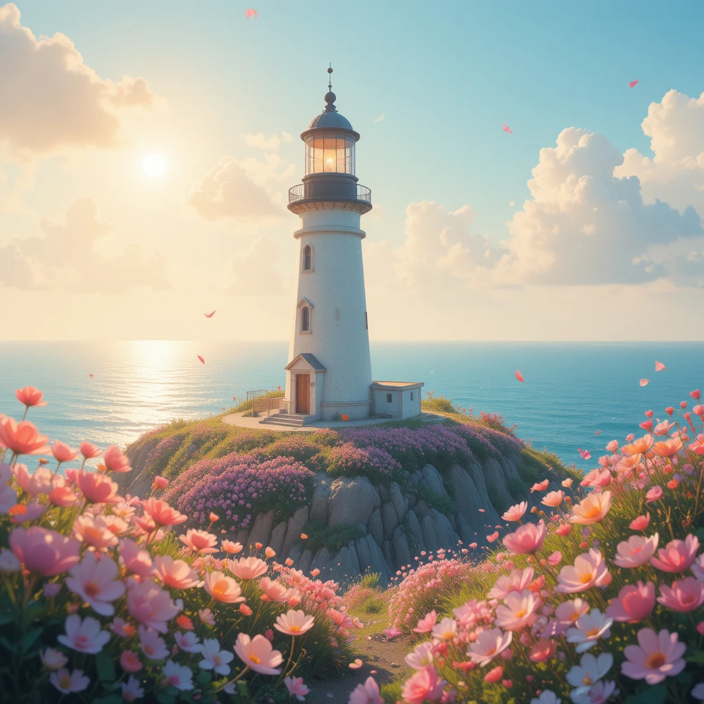 Lighthouse On Sunlit Hill With Ocean And Spring Flowers