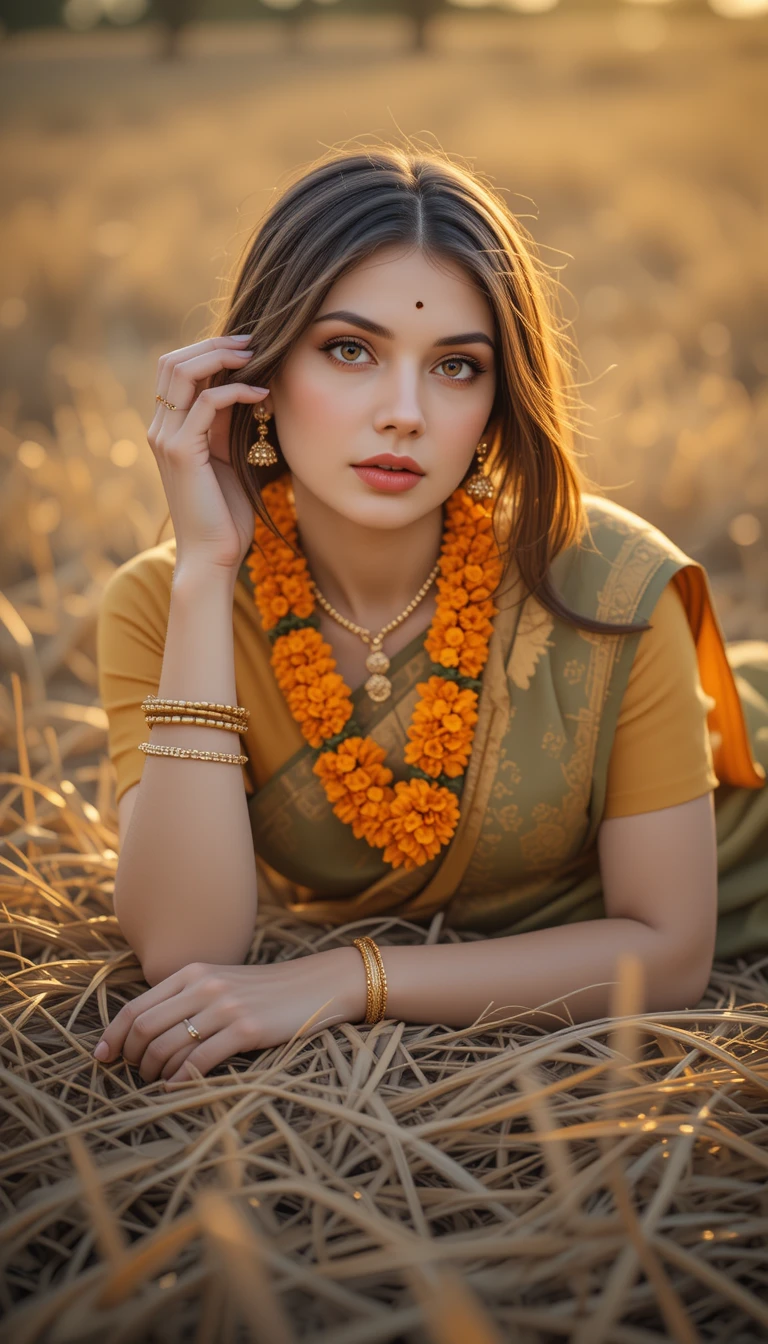 South Indian woman on dry grass in warm sunlight