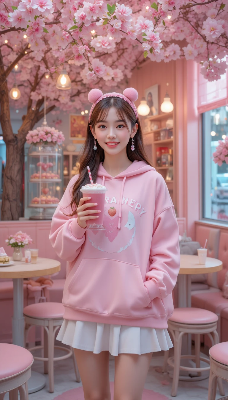 Mädchen im pastellfarbenen Hoodie mit Milchshake unter Kirschblüten