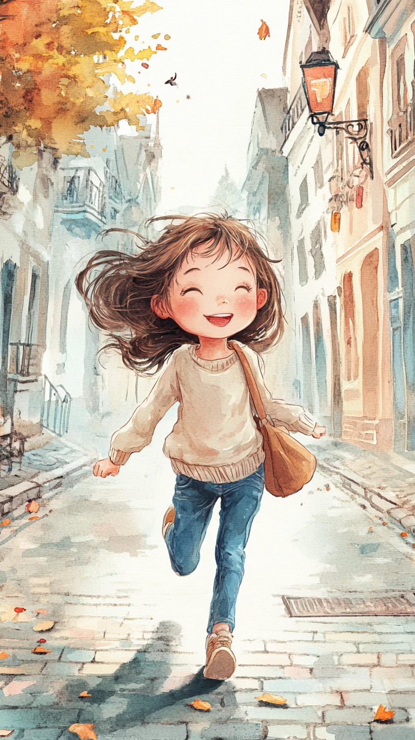 Joyful girl splashing barefoot through puddles in city street