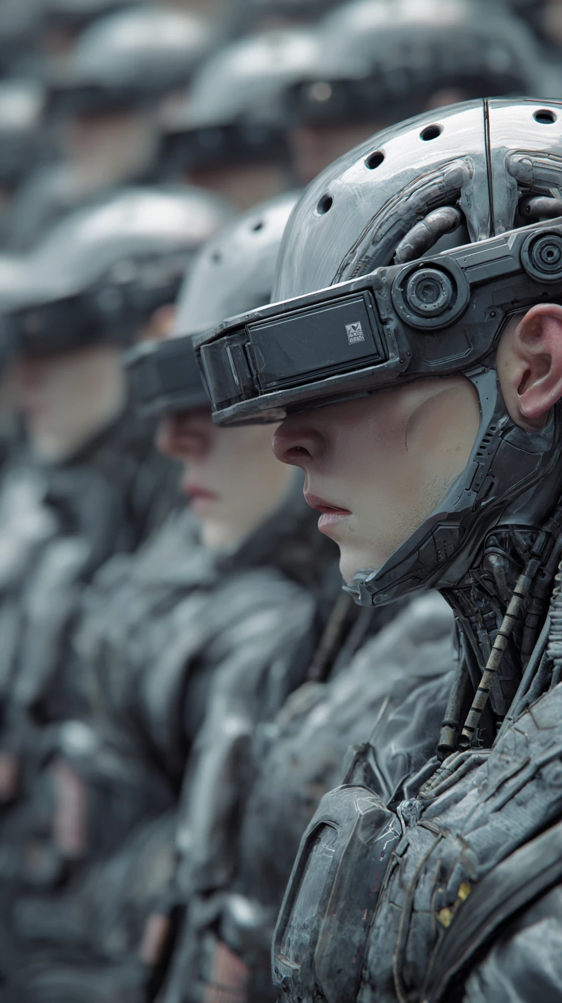 Close up of enslaved prisoners guarded by robotic police