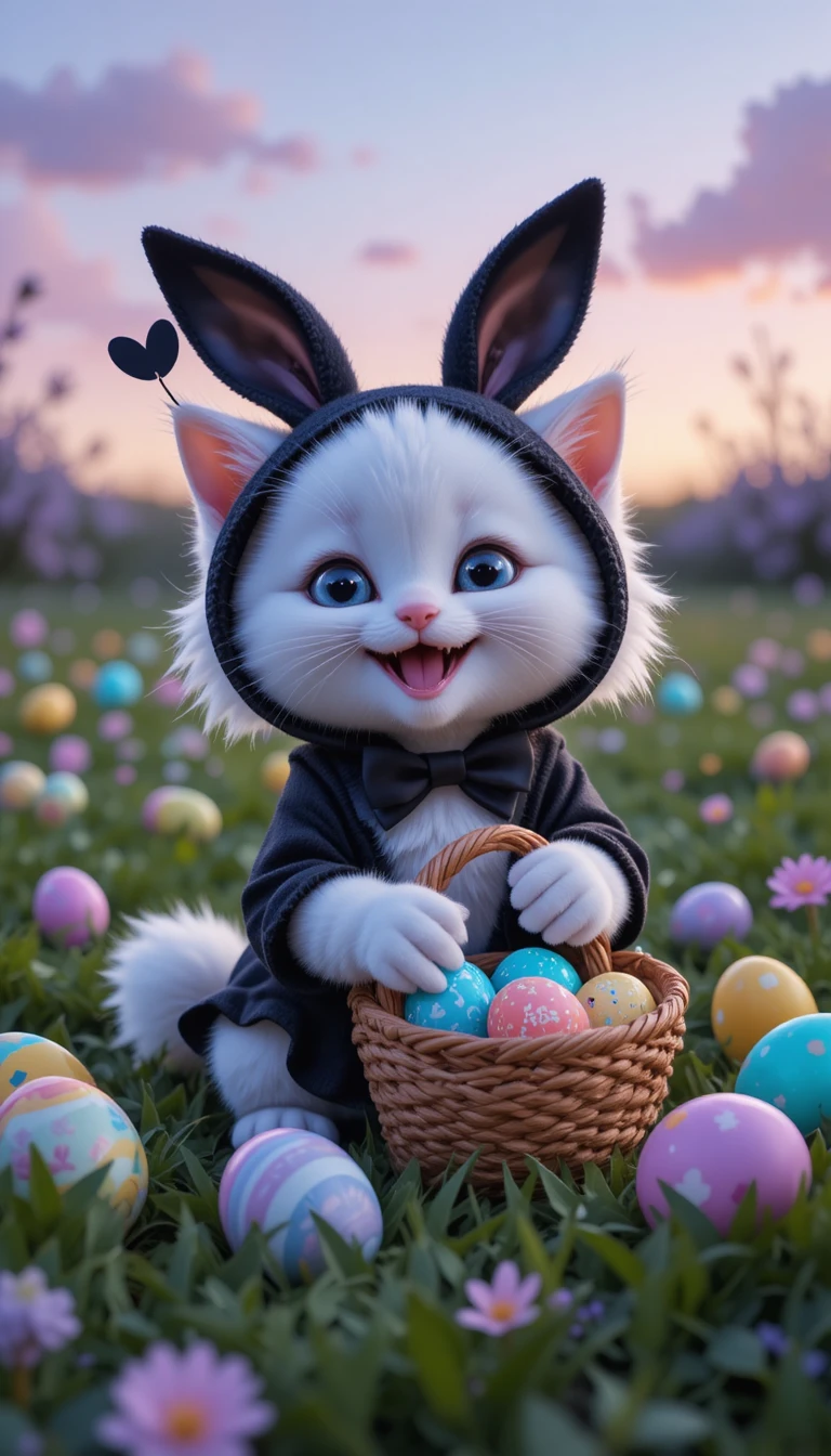 Cute bunny suited white kitten with glowing pastel easter eggs