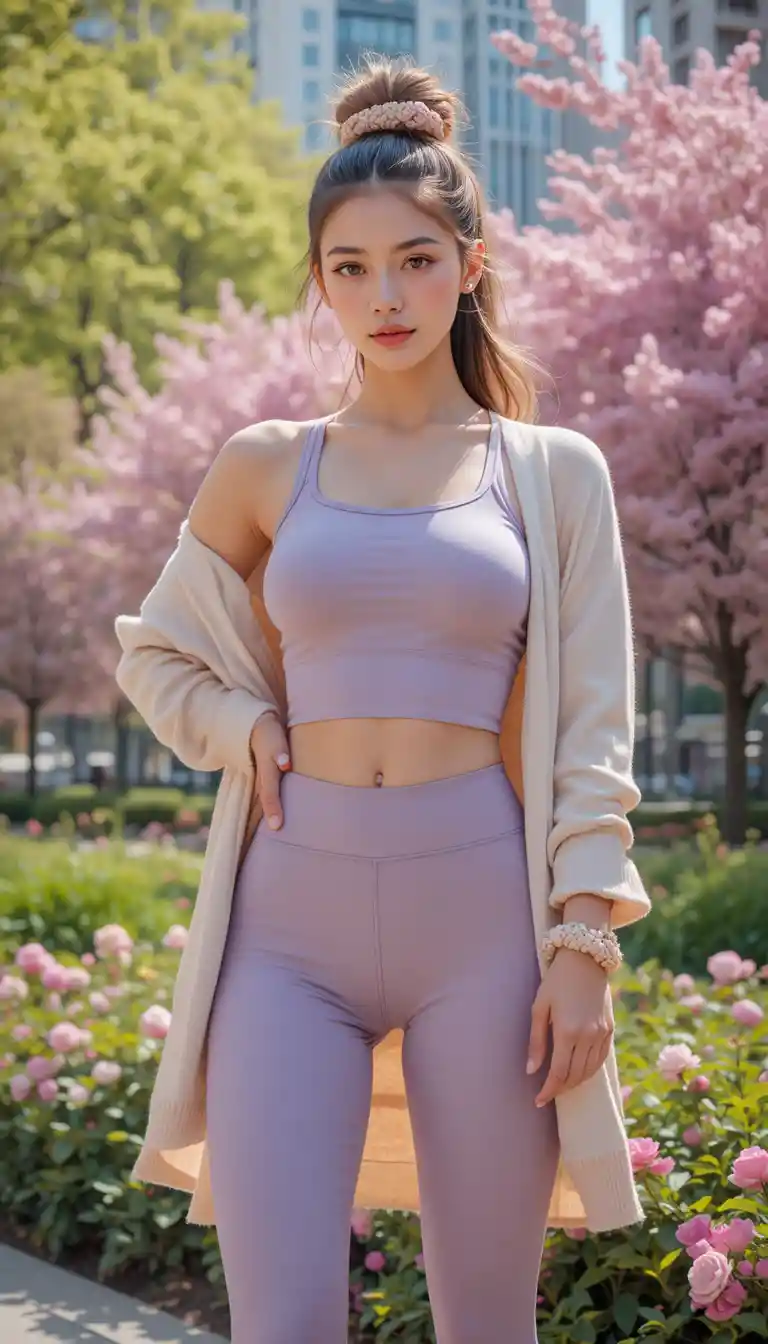 Stylish woman in pastel athleisure posing in a city park