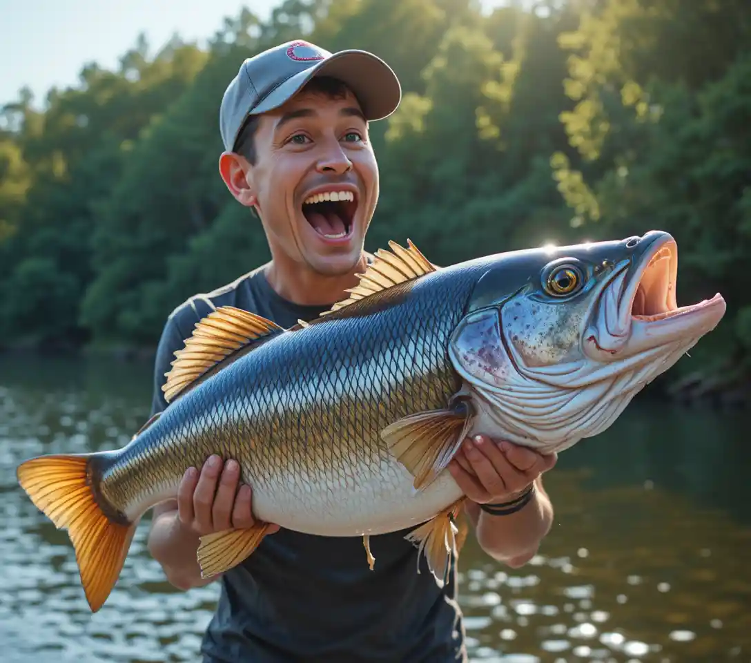 Homme tenant fièrement un énorme poisson‑chat au bord d’une rivière