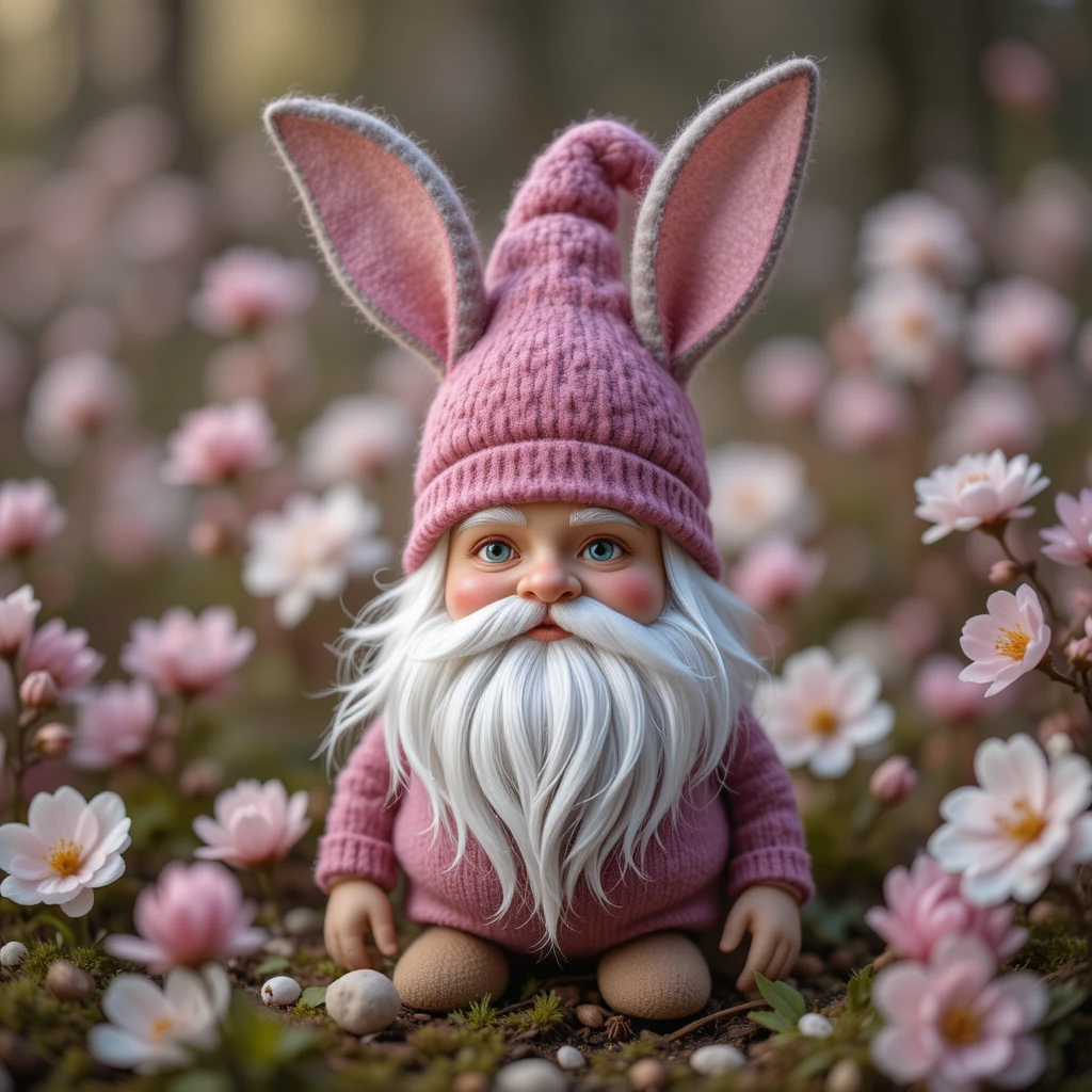 Lutin de Pâques féerique aux oreilles de lapin parmi les fleurs de printemps