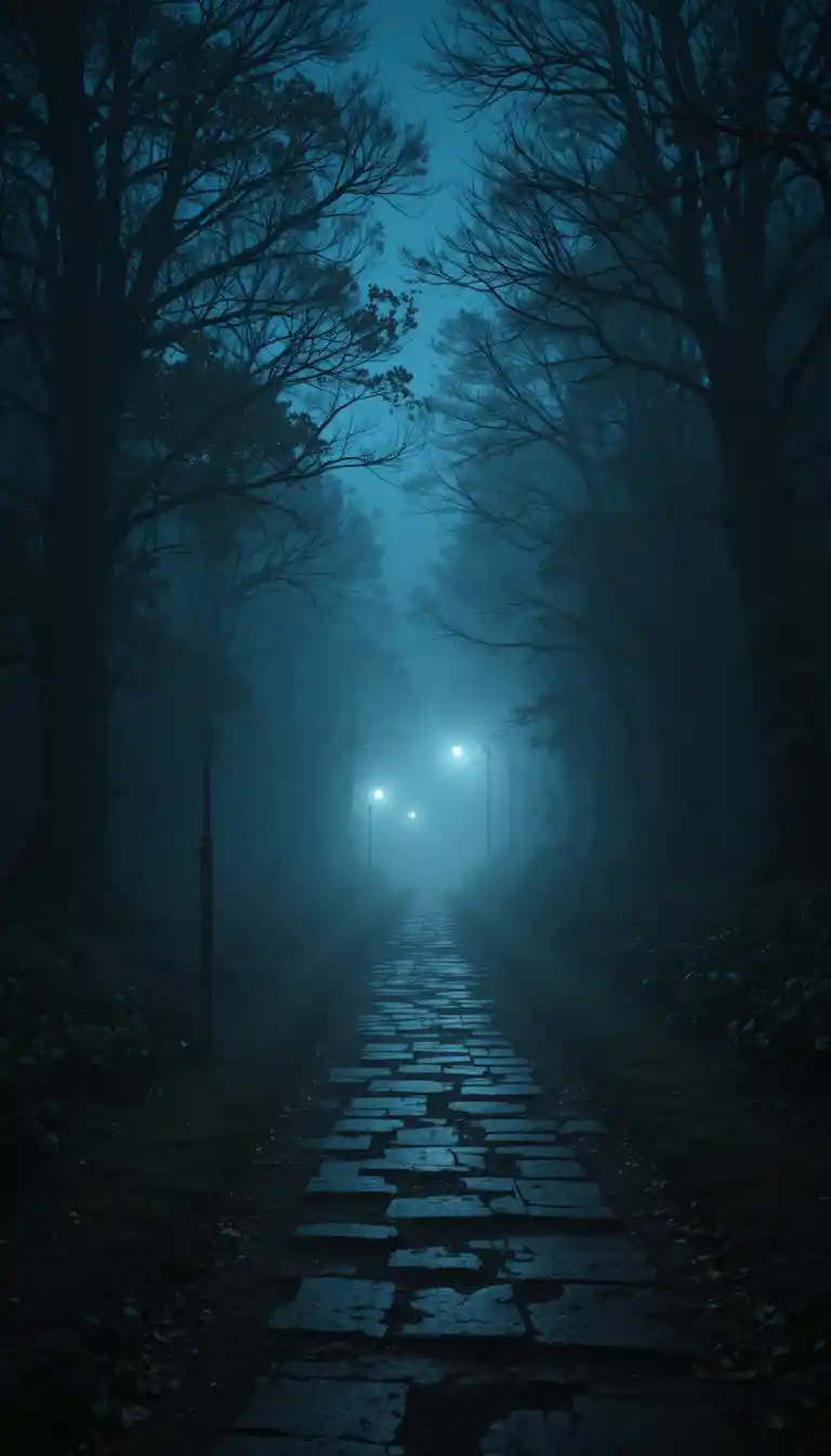 Sentier mystérieux en forêt la nuit avec de lointaines lueurs