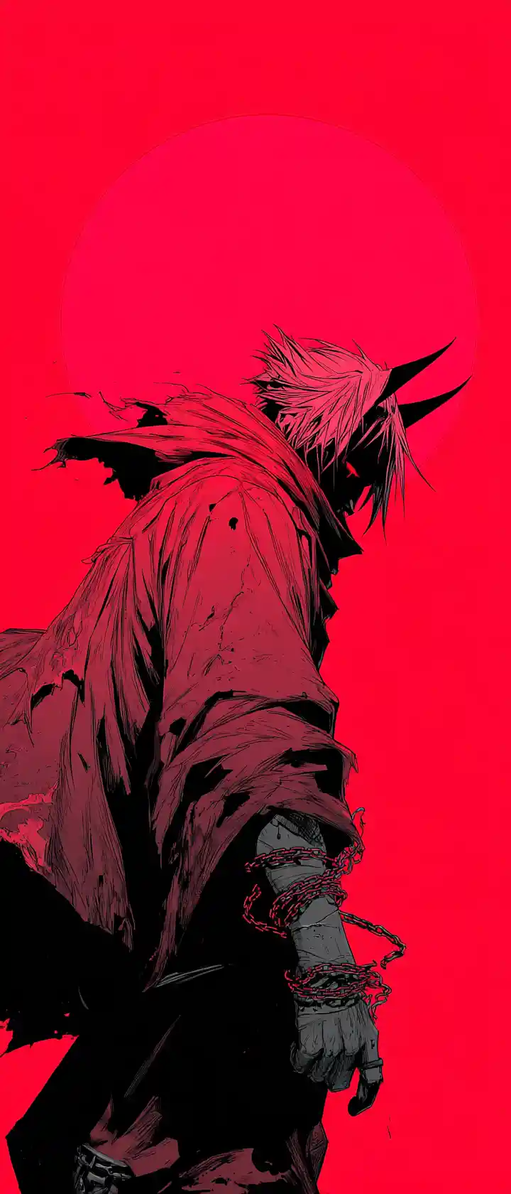 Cursed ronin turning from a burning village under crimson moon
