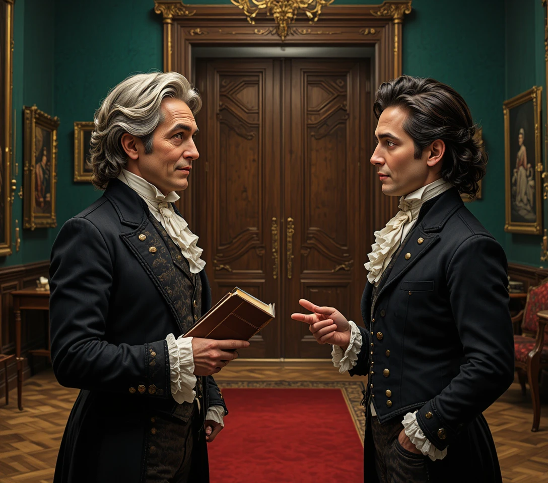 Two aristocratic men talking in an opulent palace interior