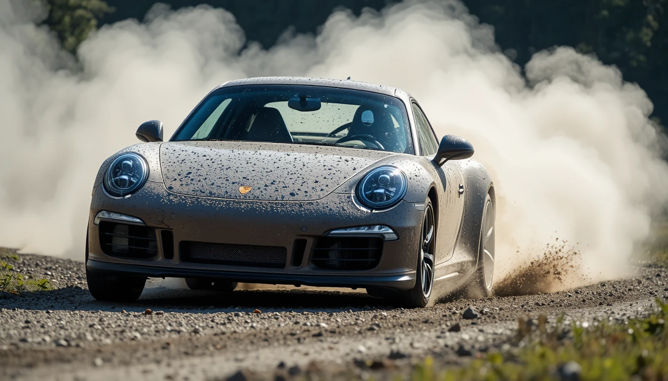 Porsche 911 in drifting su una curva di ghiaia nel bosco