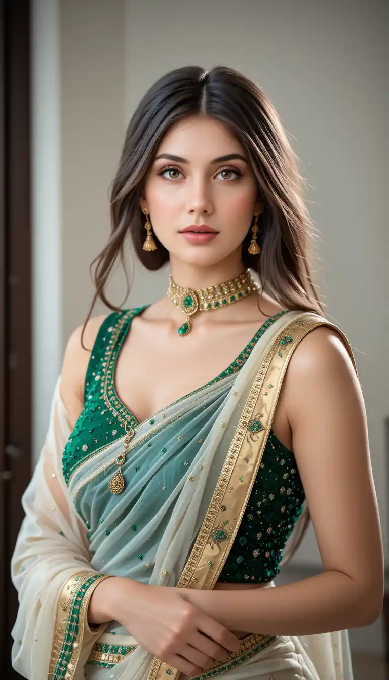 Elegant South Asian woman in emerald blouse and saree portrait
