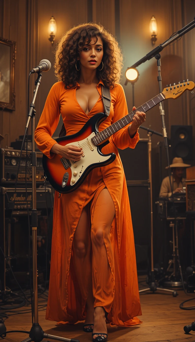 Chanteuse soul des années 70 dans un studio d’enregistrement vintage