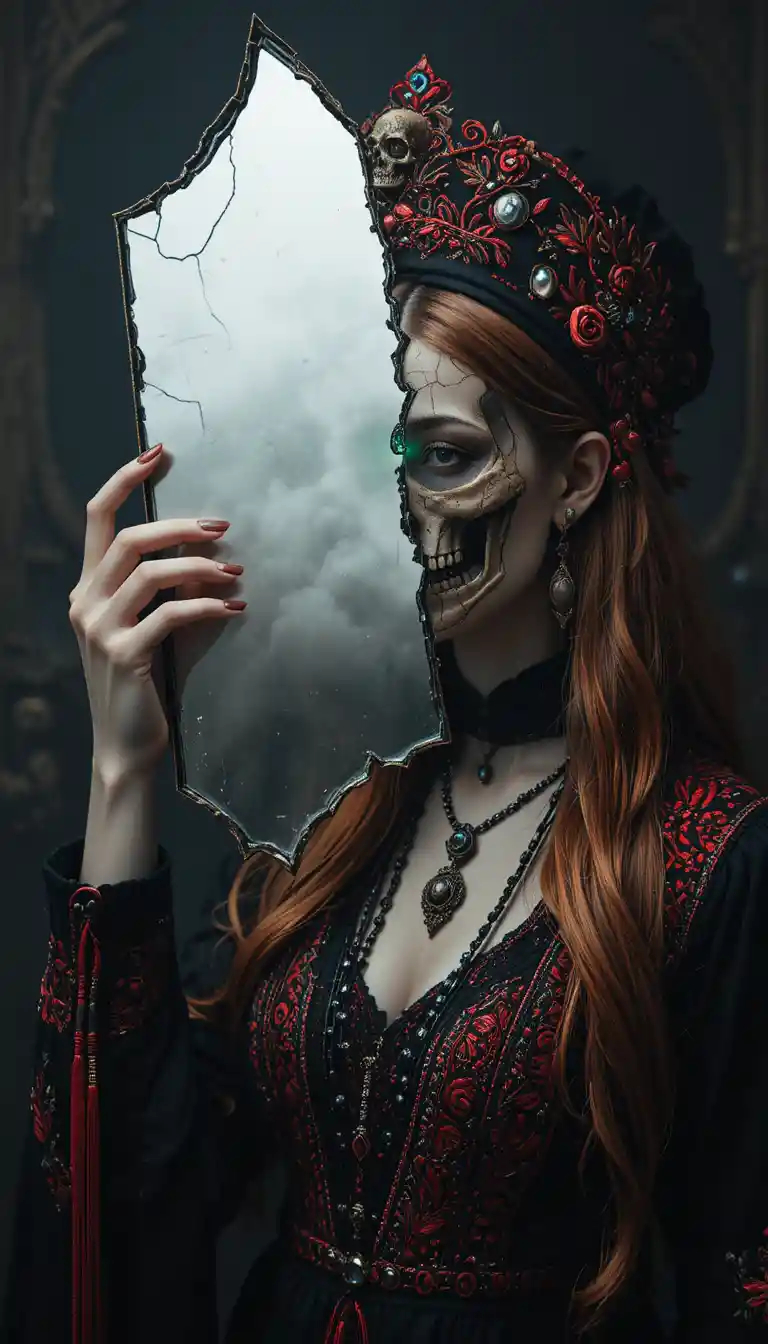 Gothic slavic woman holding mirror shard with deathly reflection