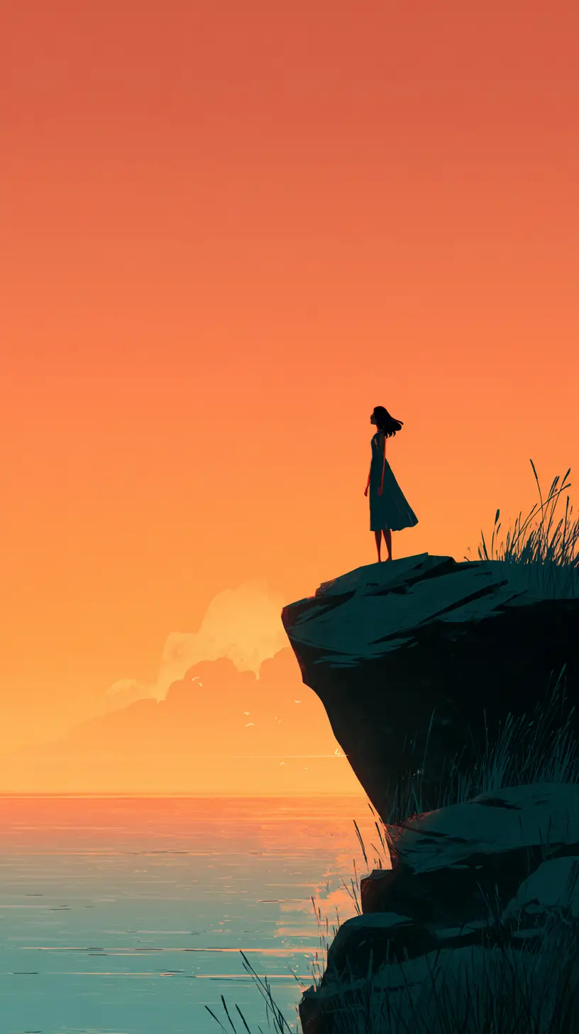 極簡插畫中夕陽海崖上的女子