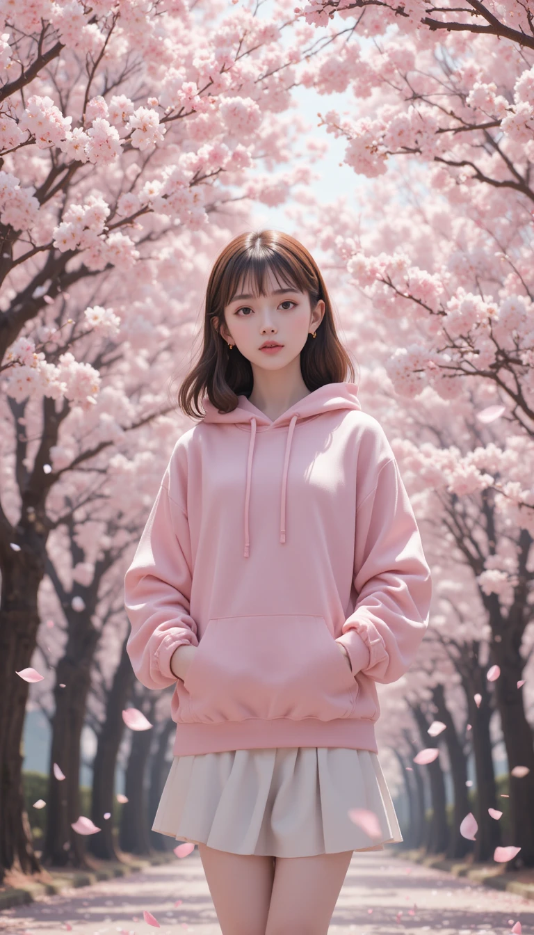 Adorable fille d’anime sous des cerisiers en fleurs en tenue rose pastel