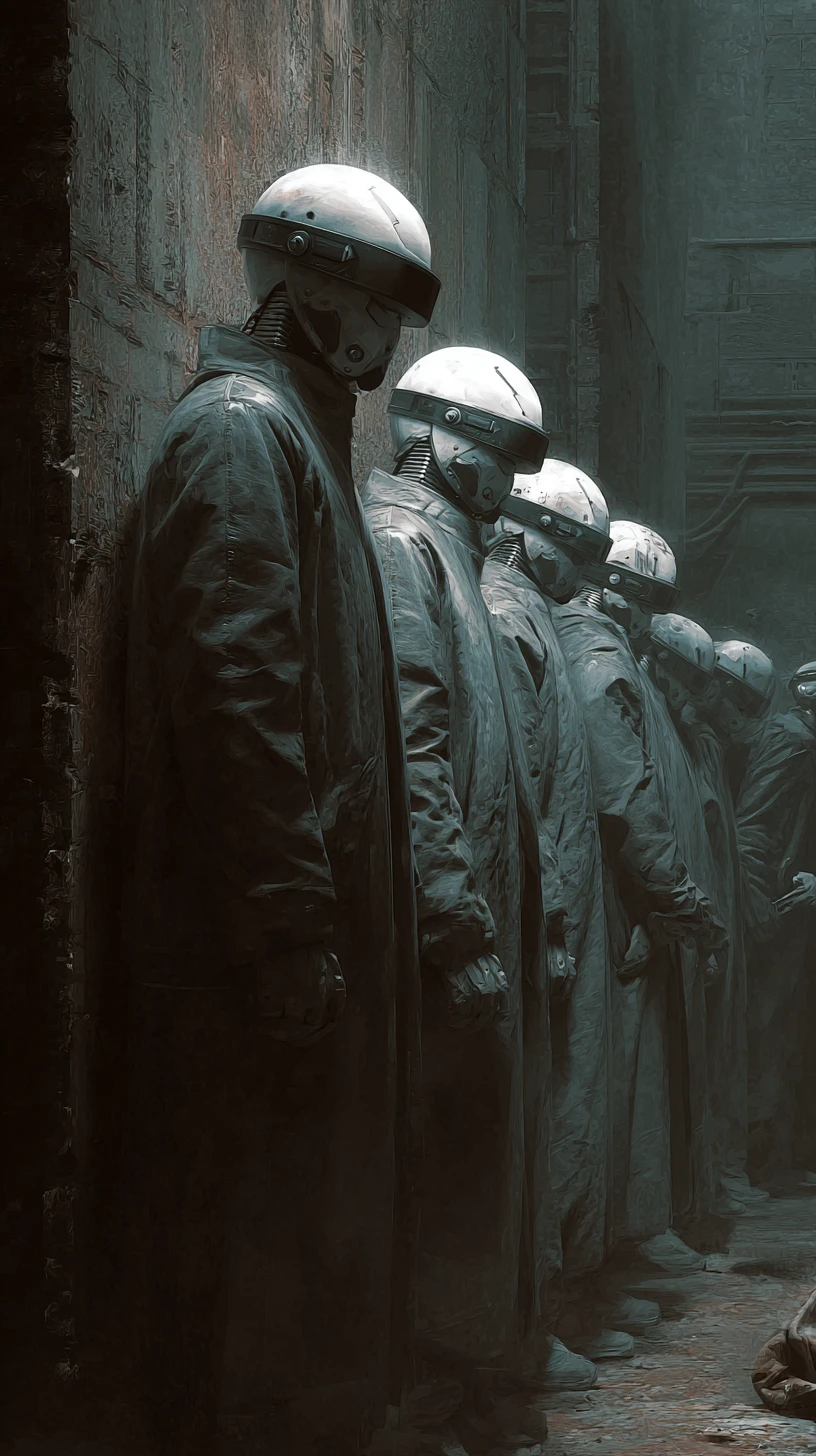 Close up of enslaved workers guarded by robotic police