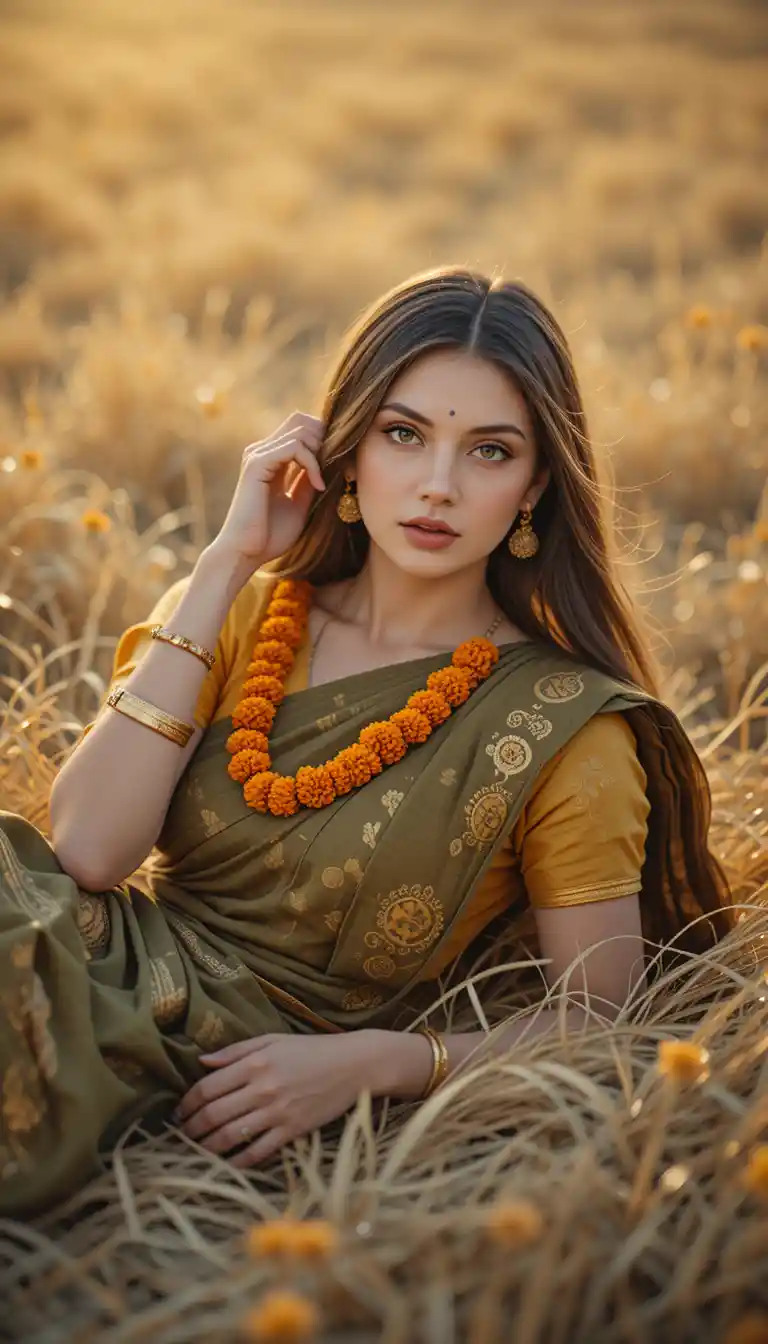 South Indian woman reclining on dry grass at golden hour