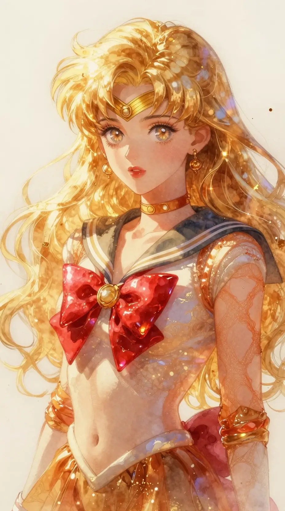 Aquarellporträt einer leuchtenden, goldhaarigen Anime-Frau