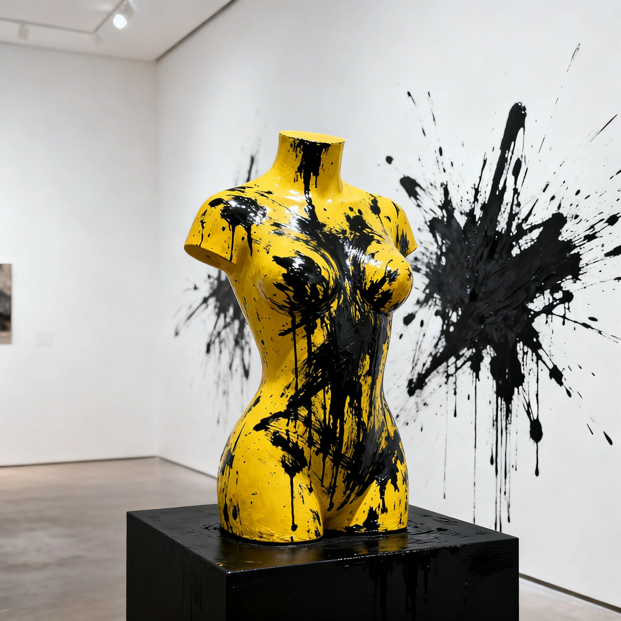 Yellow abstract bust sculpture on a black pedestal