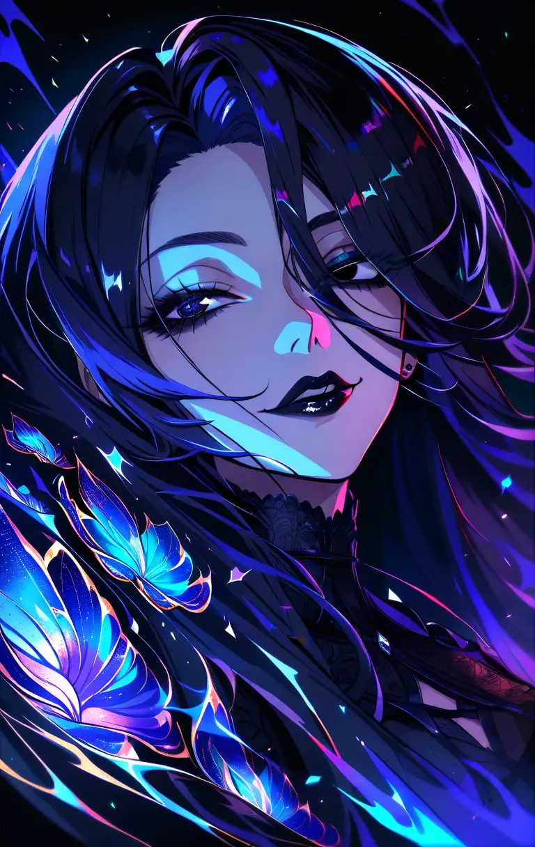Mulher gótica em estilo anime de close, com olhos azuis e maquiagem escura