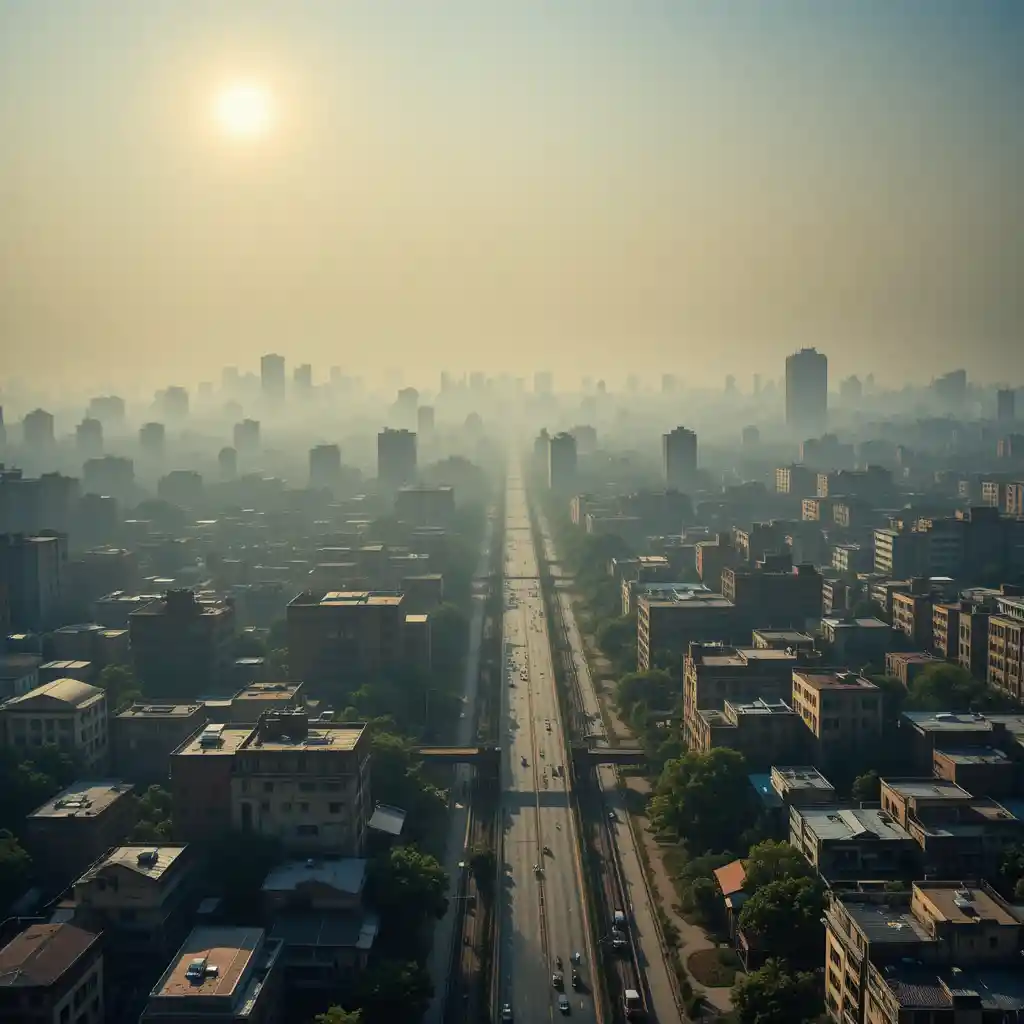 Dense Indian city from above in hazy sunny weather