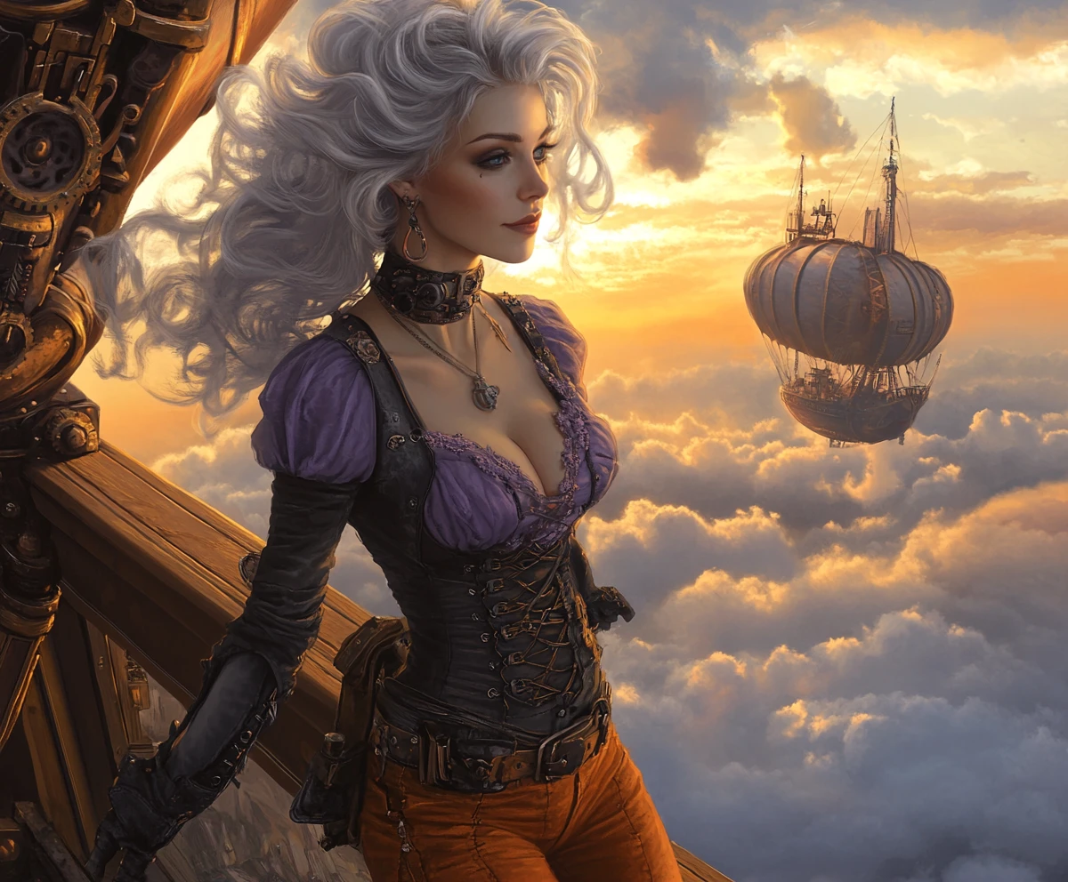 Mulher steampunk no convés de um dirigível acima de nuvens brilhantes ao pôr do sol