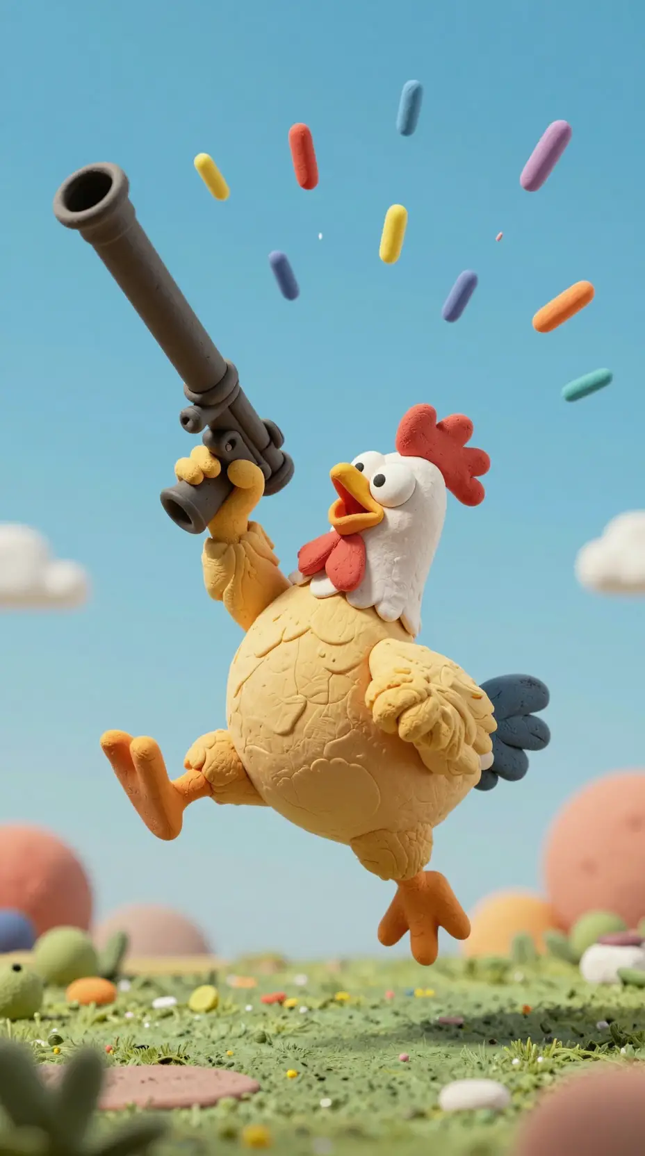 Clay cartoon chicken jumping with a huge bazooka
