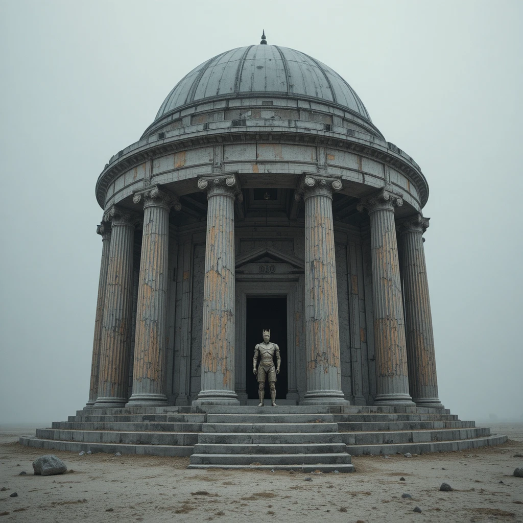 Templo cinza surreal erguendo-se de uma árida planície de enxofre