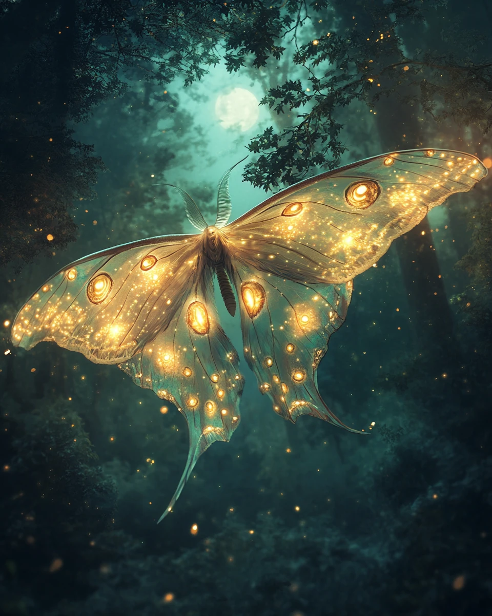 Espírito de mariposa da lua deslizando por uma floresta noturna luminosa