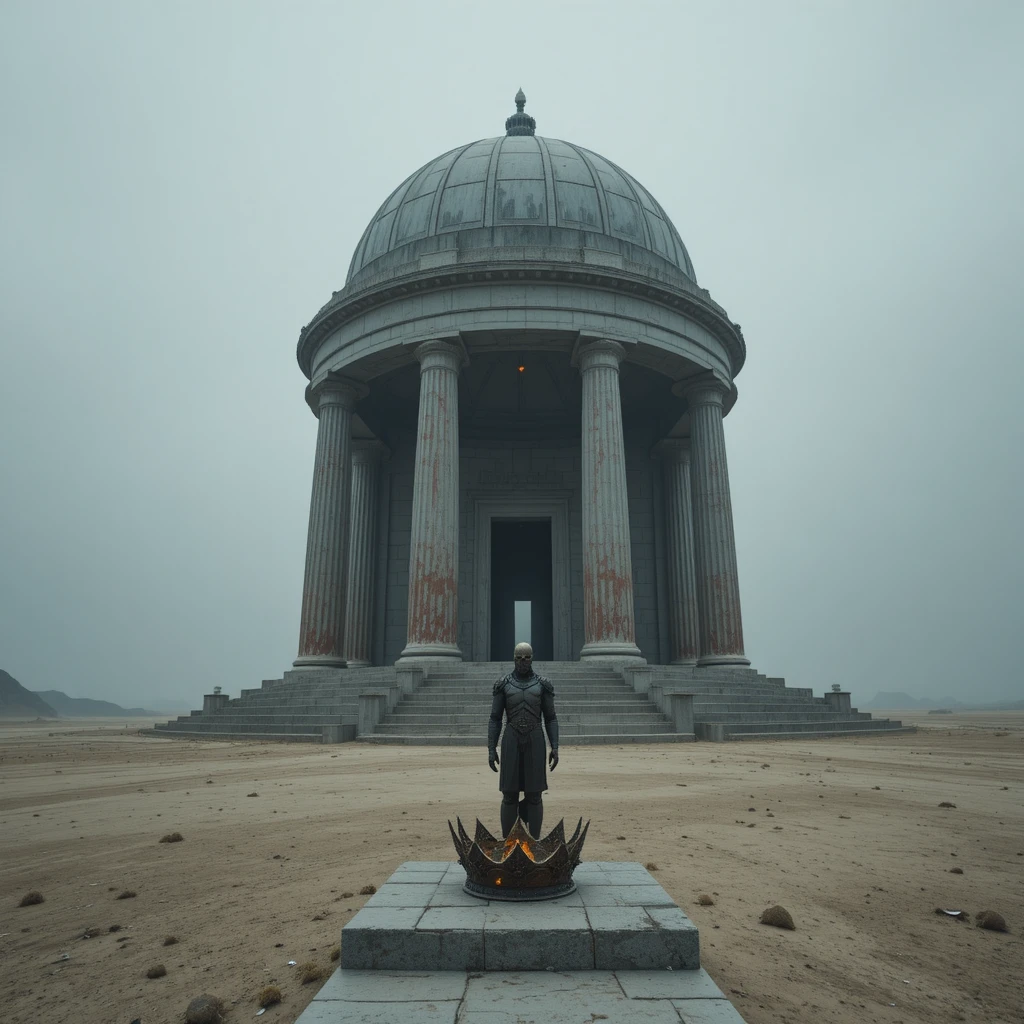 Templo cinza surreal erguendo-se de uma planície sombria e infinita