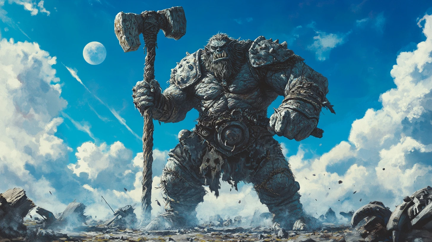 Troll blindado erguendo um enorme porrete de osso no campo de batalha