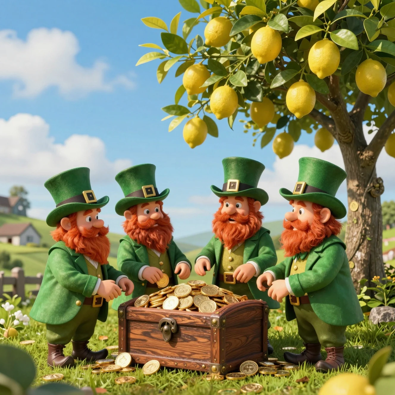 Leprecauni birichini con uno scrigno d’oro in un villaggio