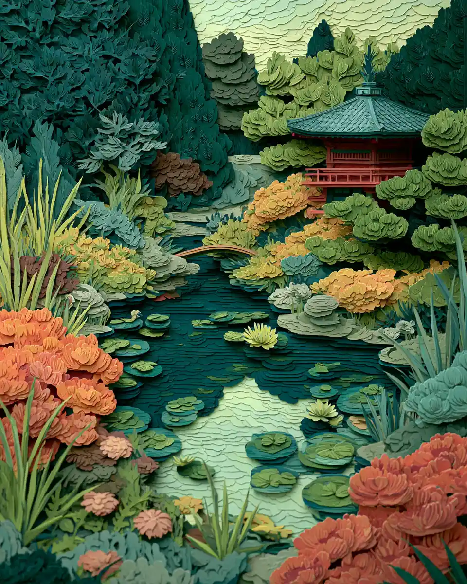 Giardino giapponese sereno in arte di carta 3D a strati