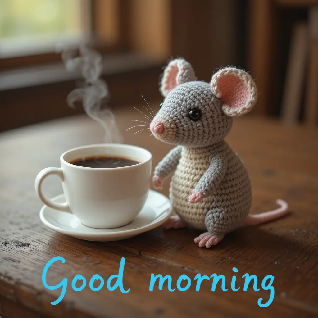 Whimsical mouse by a coffee cup with good morning text