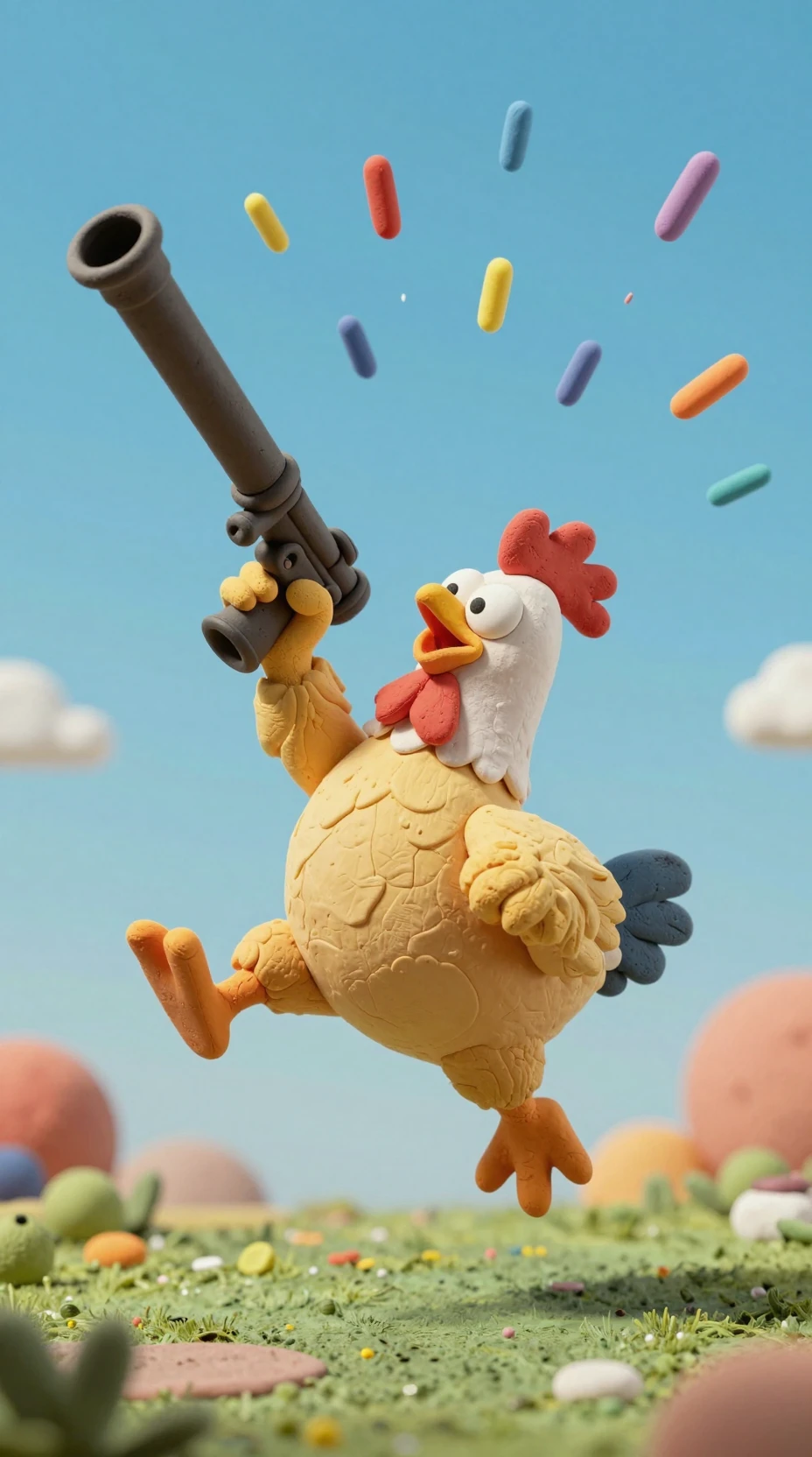 Poulet en pâte à modeler style cartoon sautant avec un énorme bazooka