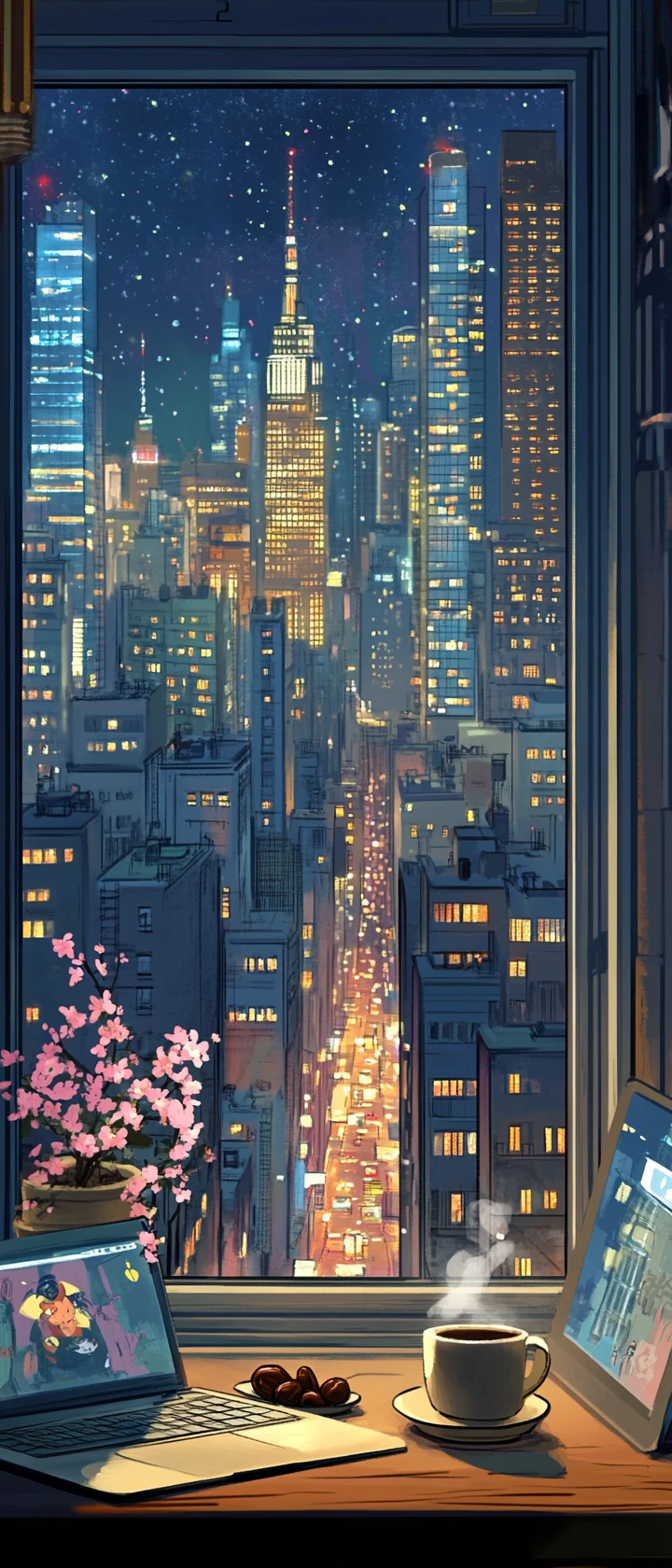 Cozy desk by a window overlooking a vibrant night city