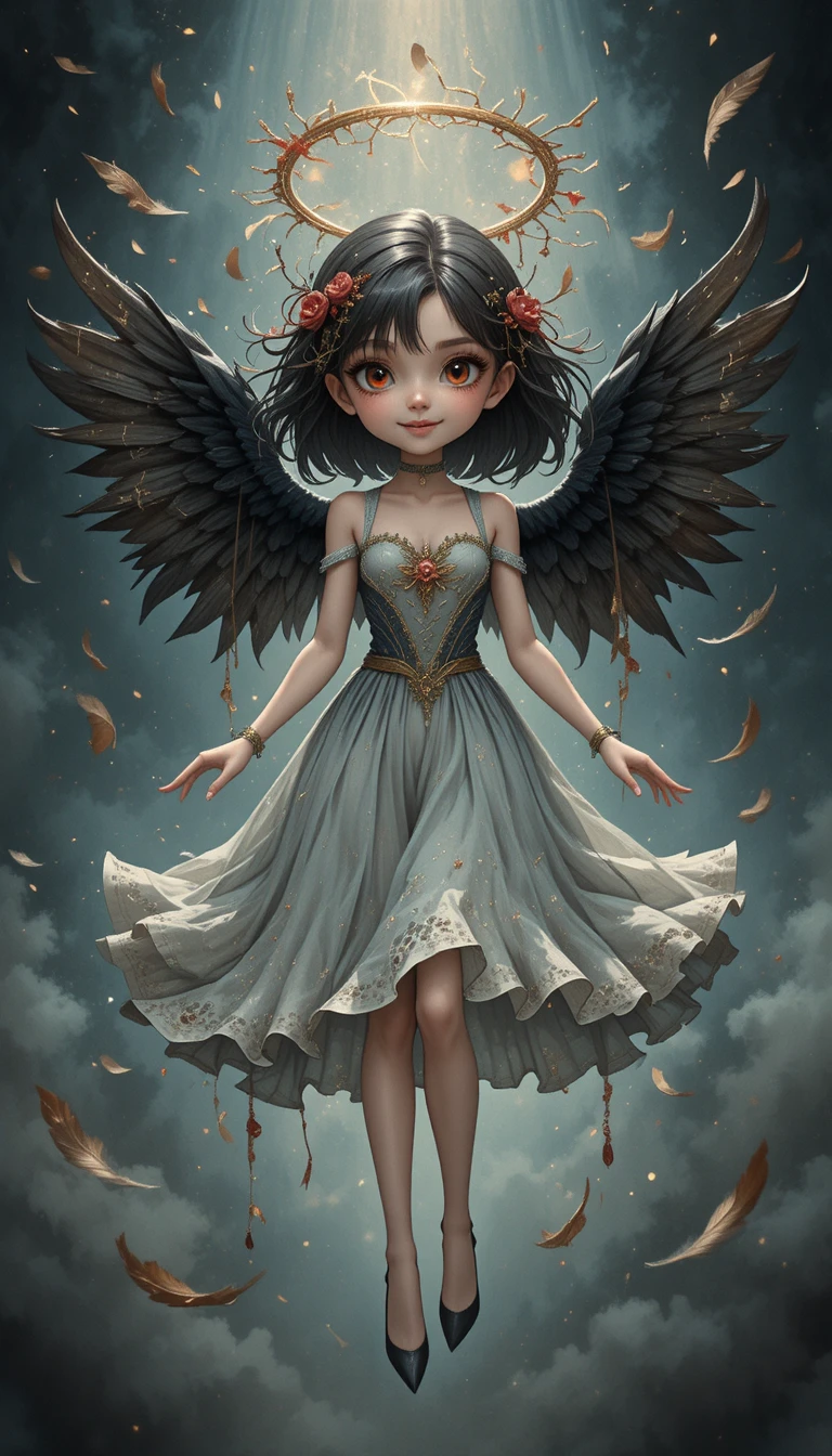 Cheerful fallen angel girl with glowing tattered wings