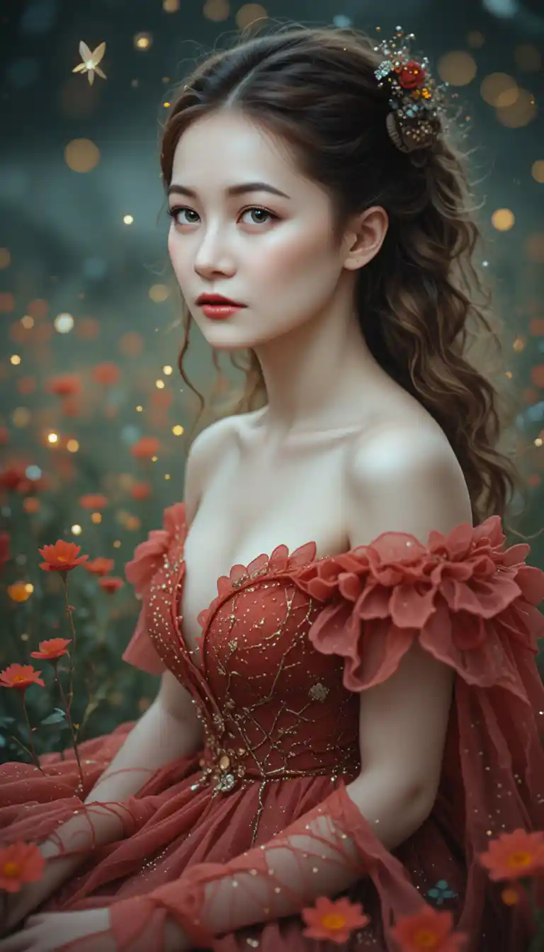 Donna eterea in abito rosso che riposa in un prato di fiori selvatici