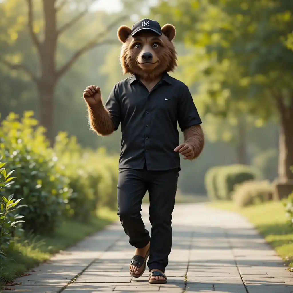 Realistic full body portrait of a bear faced man outdoors